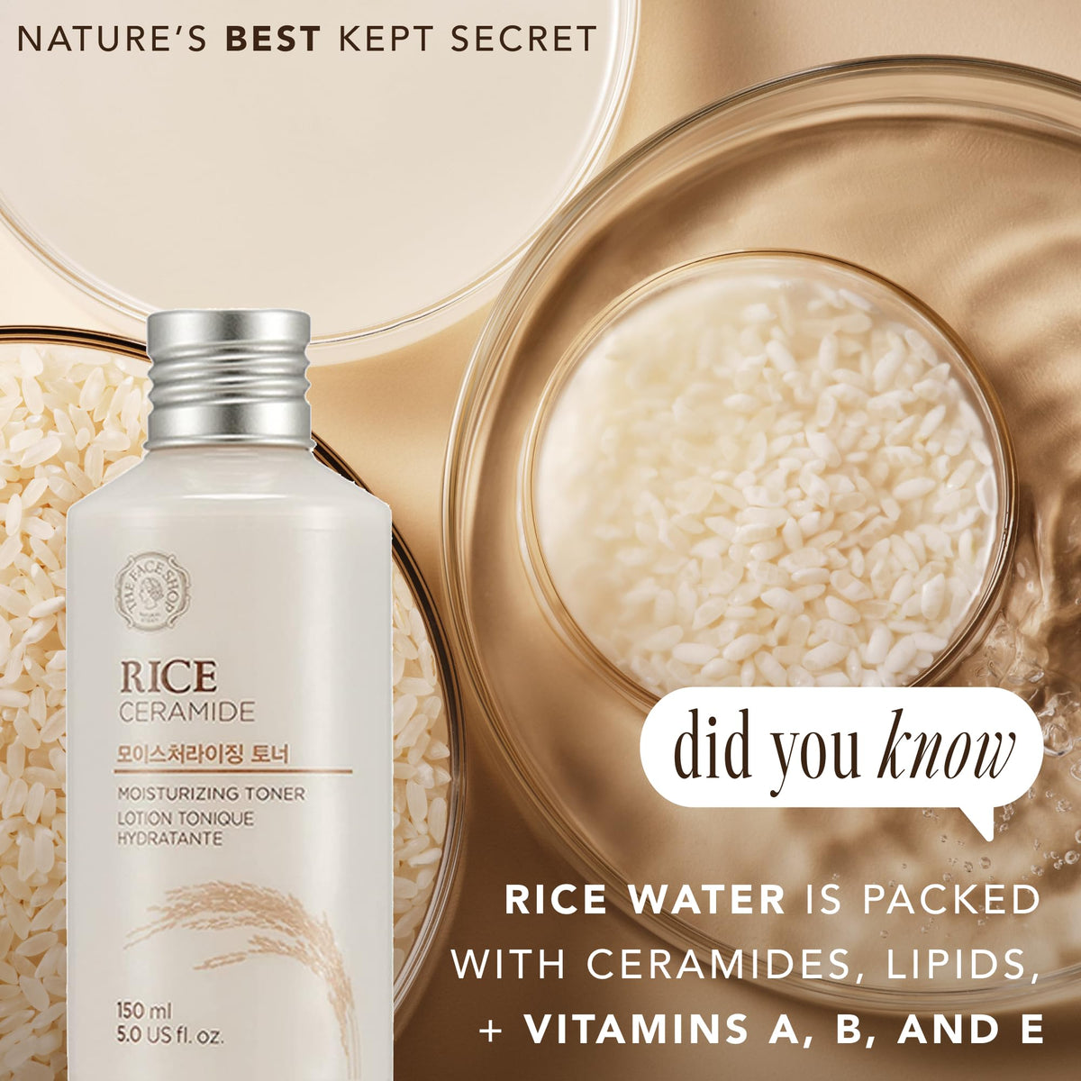 the face shop rice ceramide toner next to a ruler showing 5.0 fl oz scale