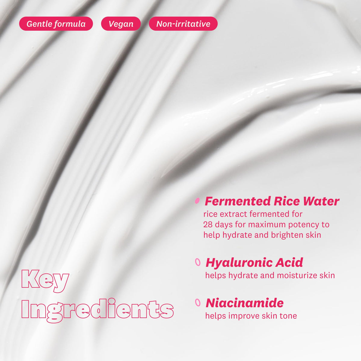 Close shot of ingredient list on label showing fermented rice and niacinamide