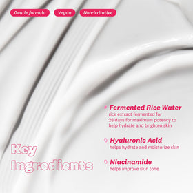 Close shot of ingredient list on label showing fermented rice and niacinamide
