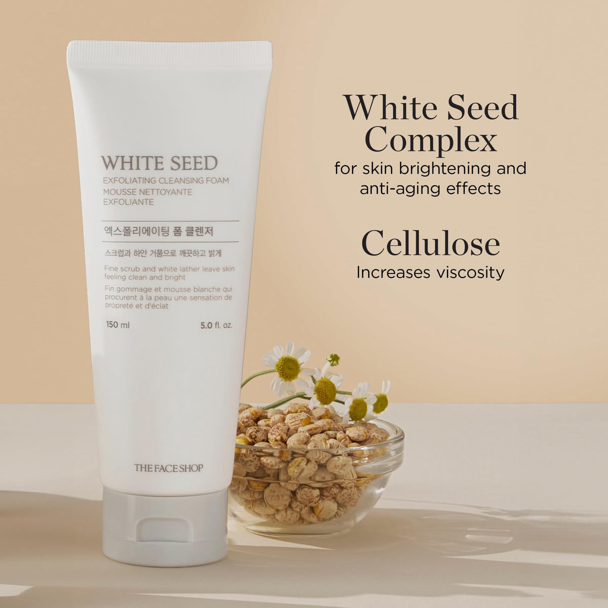 Product label and ingredient list for The Face Shop highlighting White Seed Complex