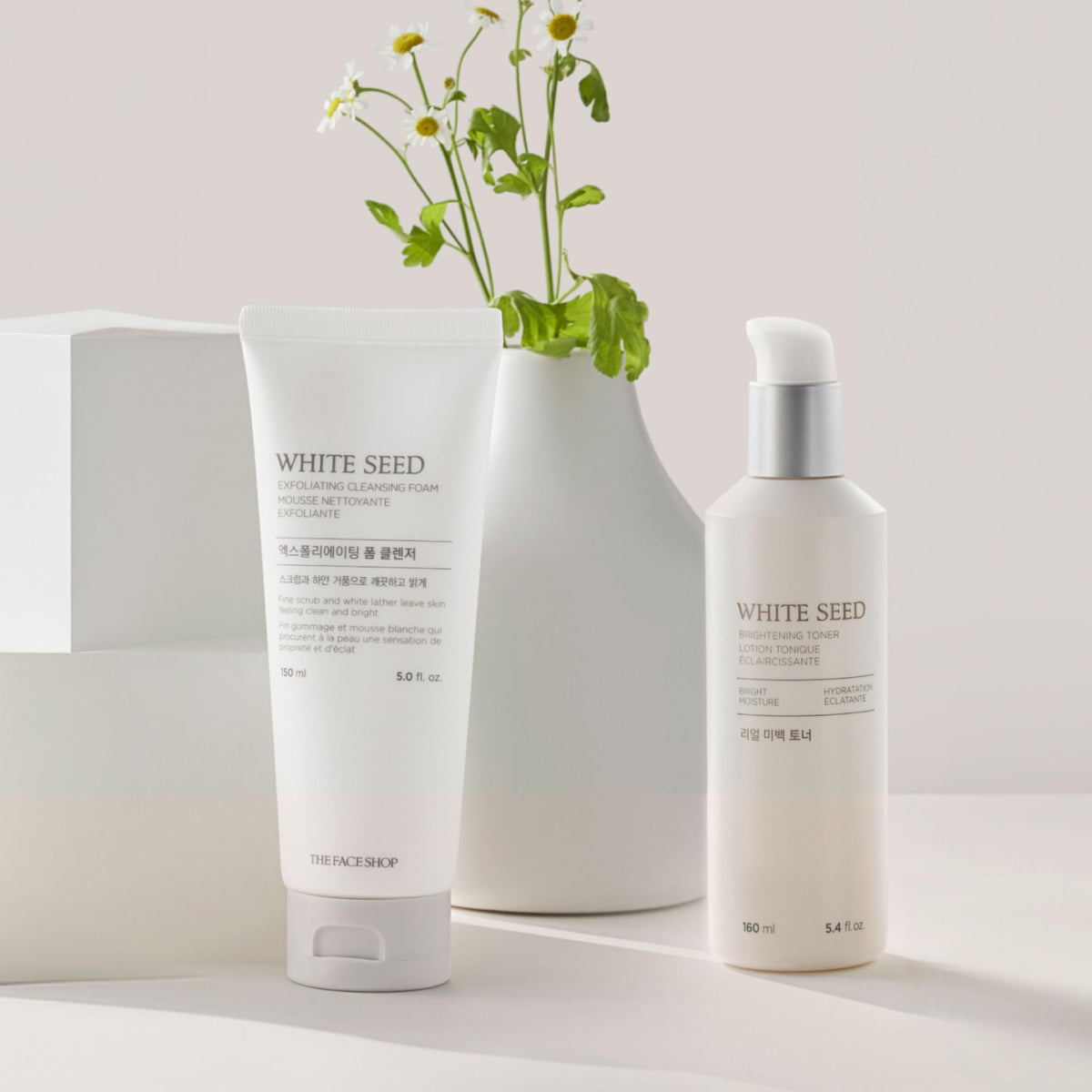Morning bathroom scene with The Face Shop cleanser to suggest brightening routine