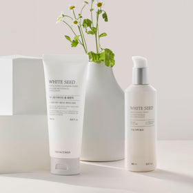 Morning bathroom scene with The Face Shop cleanser to suggest brightening routine