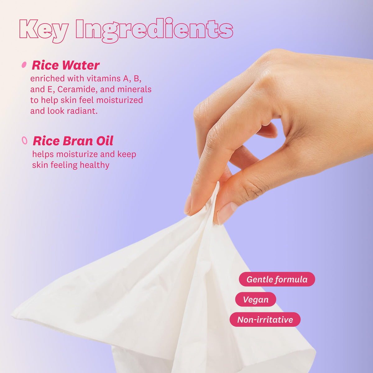 THE FACE SHOP wipe next to hand showing sheet size and coverage benefit