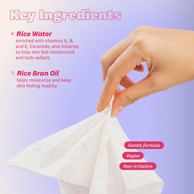 THE FACE SHOP wipe next to hand showing sheet size and coverage benefit