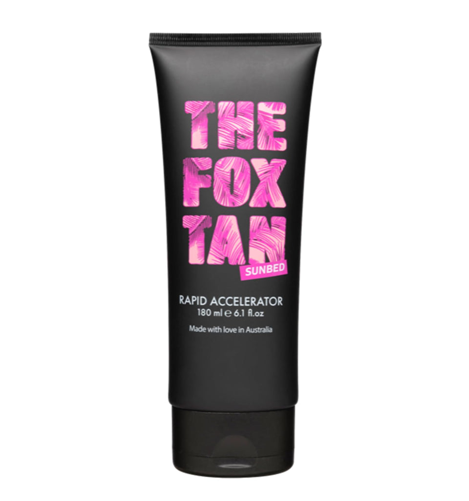 The Fox Tan accelerator front packaging showing product and benefits