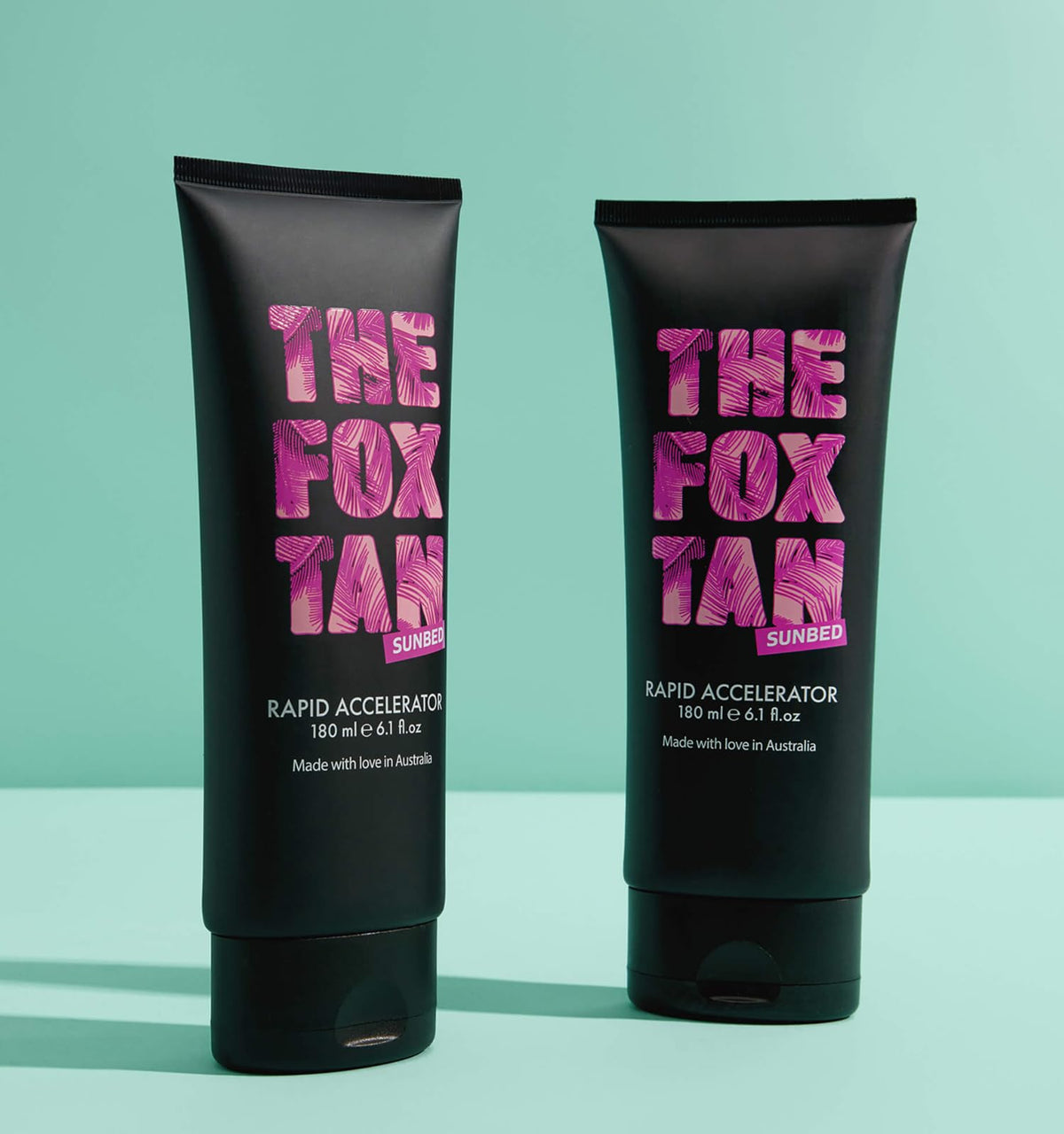 The Fox Tan 180mL bottle beside a ruler showing compact travel-friendly size