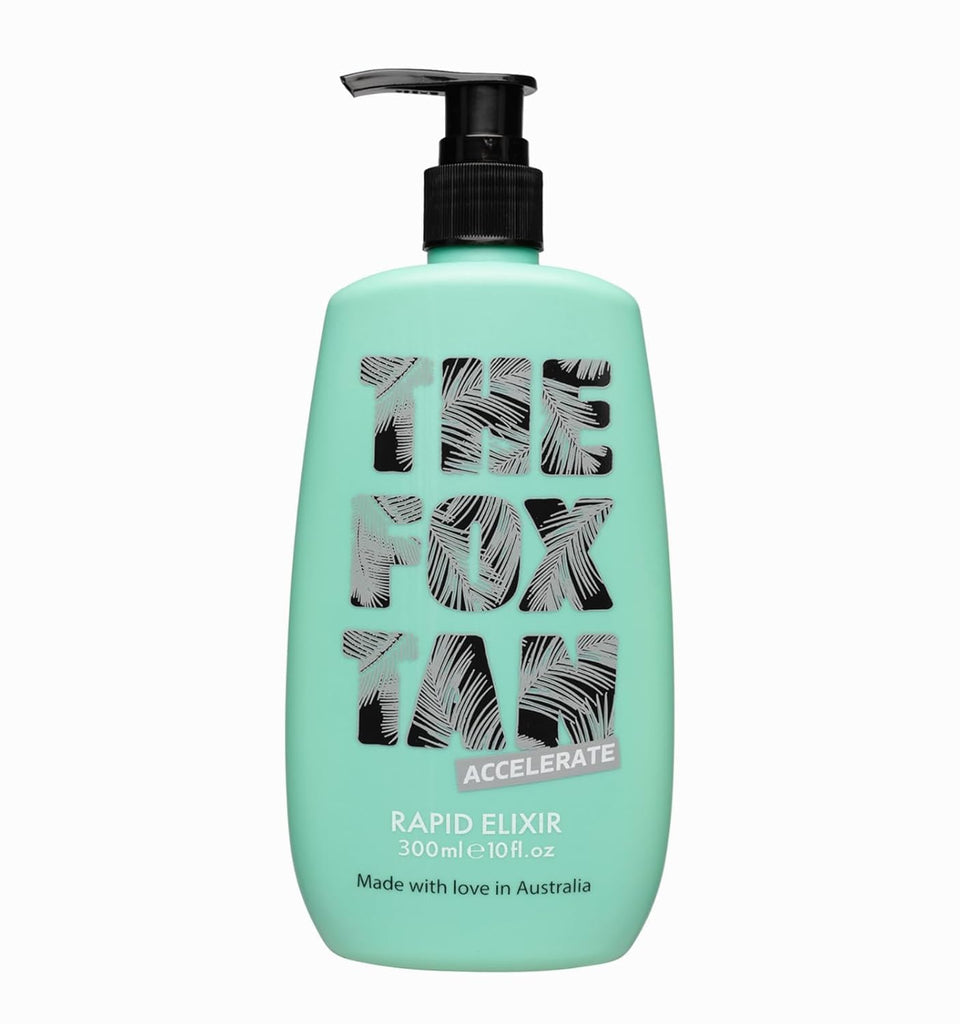 THE FOX TAN front bottle image showing label and 300mL size for clear product ID