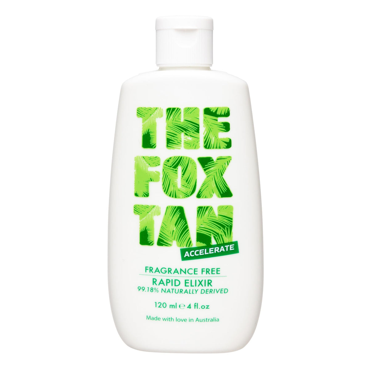THE FOX TAN front bottle showing clean design and fast tanning benefit