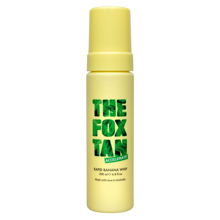 THE FOX TAN bottle front showing Rapid Banana Whip and benefits
