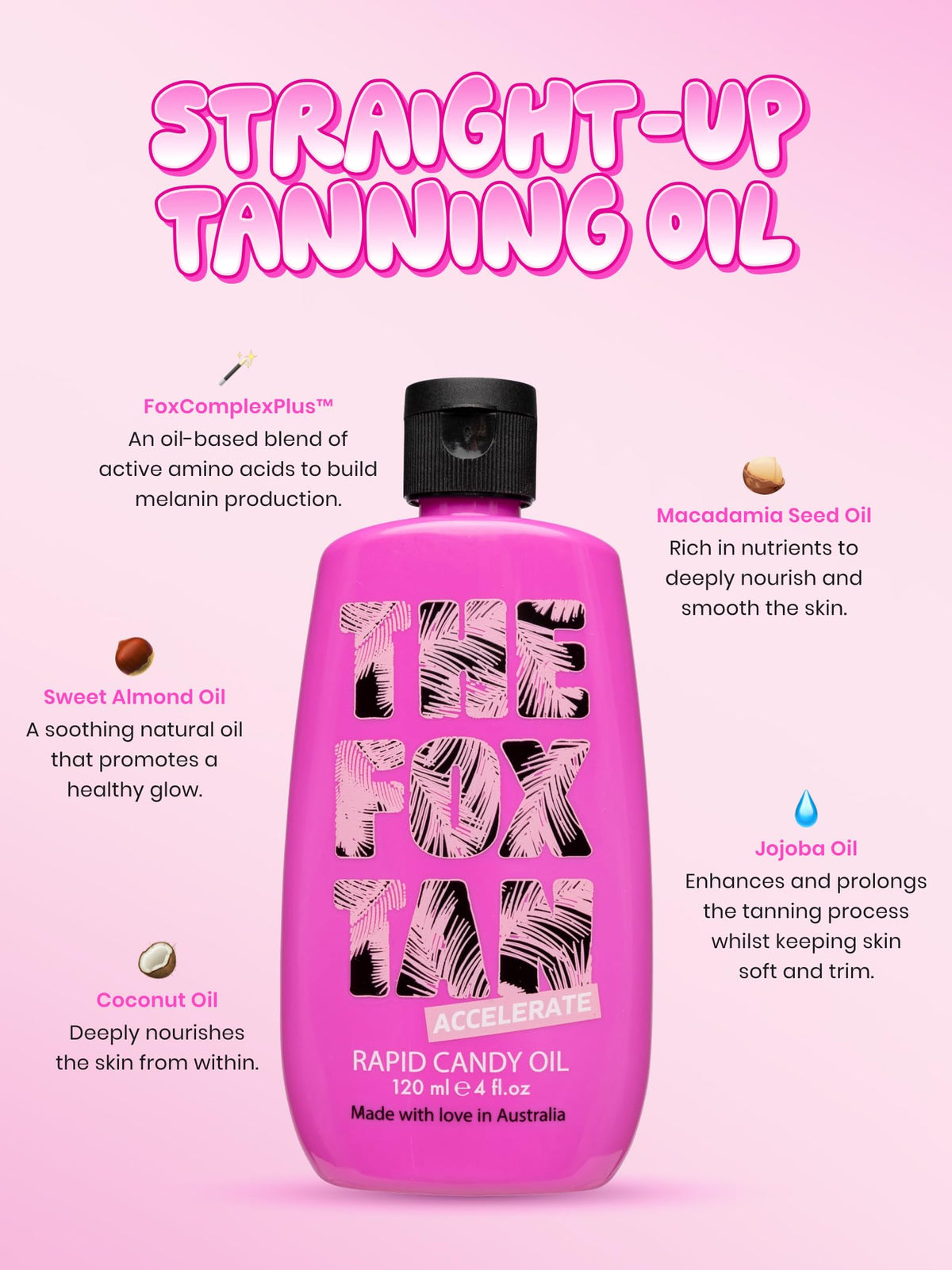 The Fox Tan bottle with open cap and applicator, showing easy dispensing benefit