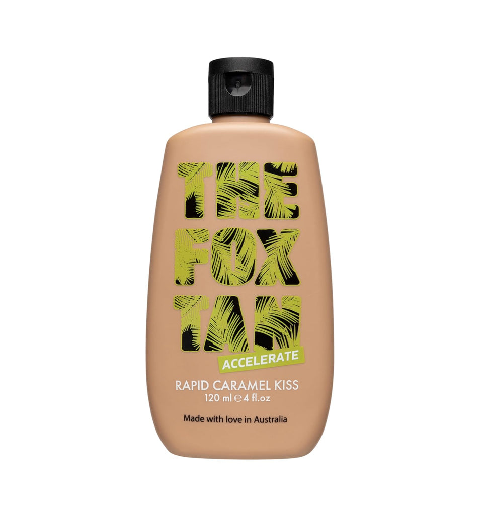 The Fox Tan bottle front view showing label and 120 mL size for fast identification