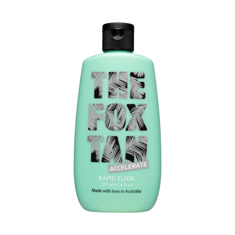 The Fox Tan bottle front view showing product and fast-absorbing benefit