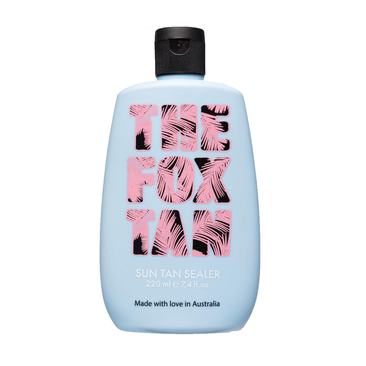 The Fox Tan front packaging showing 220mL bottle and clear branding benefits glow