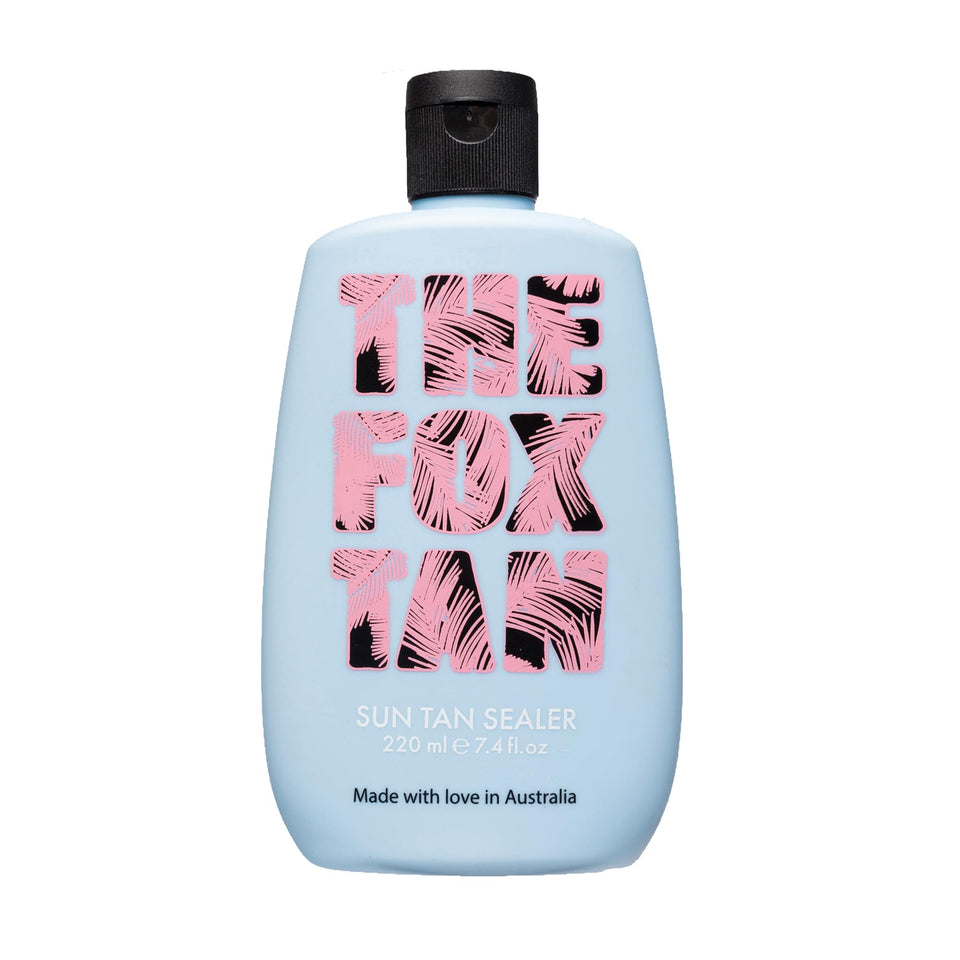 The Fox Tan front packaging showing 220mL bottle and clear branding benefits glow