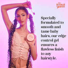 The Frontal Queen with argan oil bottle emphasizes nourishing ingredients benefit