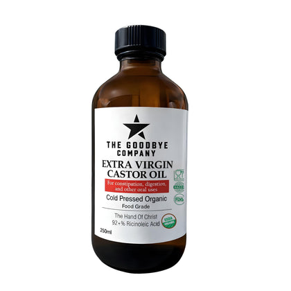 The Goodbye Company front label on 250ml bottle showing organic certification benefit