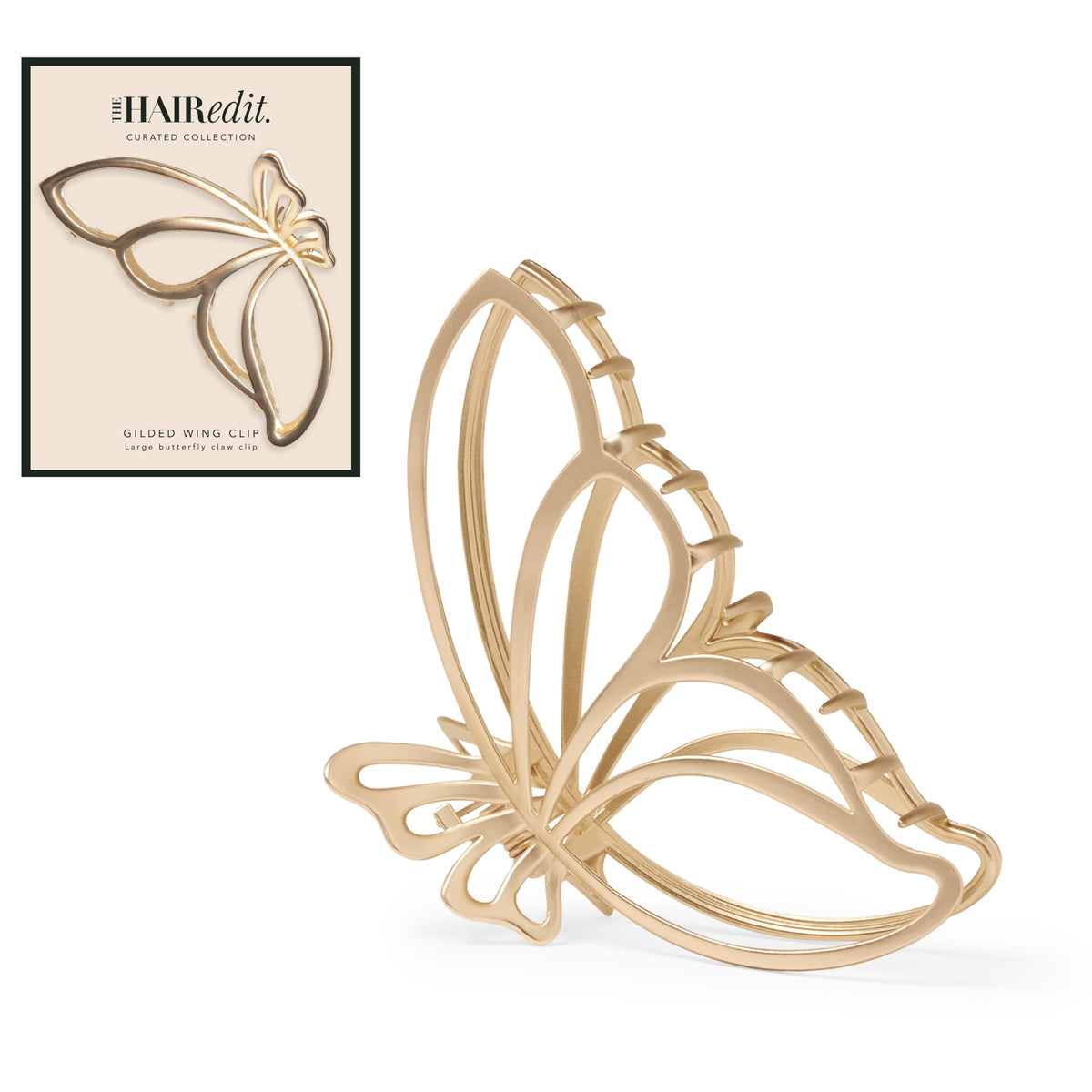 The Hair Edit front view of gilded wing clip highlights elegant silhouette and secure hold