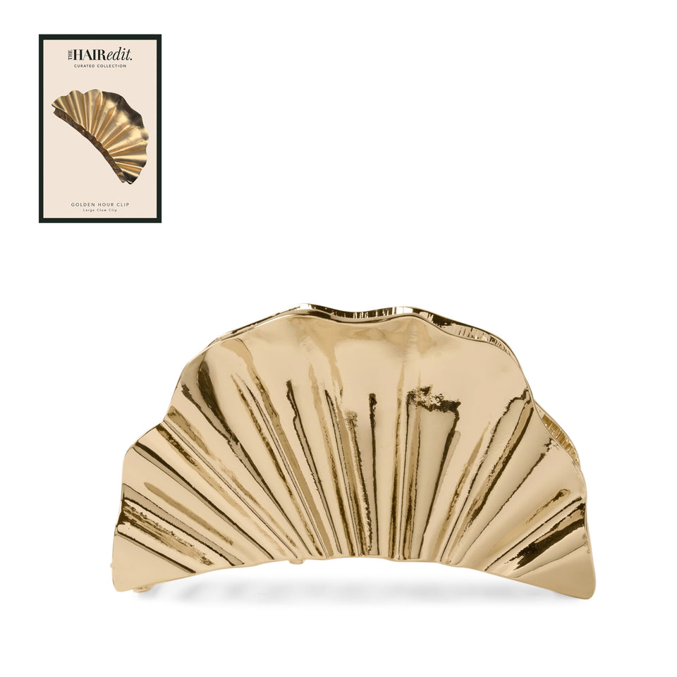 The Hair Edit front view of gold claw clip showing polished finish and elegant shape