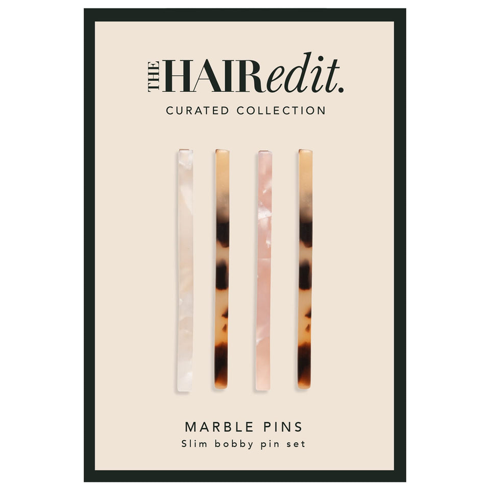 The Hair Edit front view of four marble bobby pins showing sleek finish and chic appearance