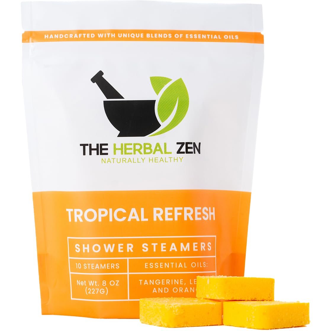 The Herbal Zen front packaging showing citrus shower steamers and benefits