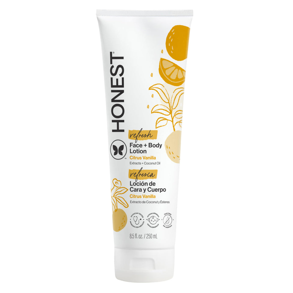 The Honest Company bottle front view showing Citrus Vanilla scent and benefits