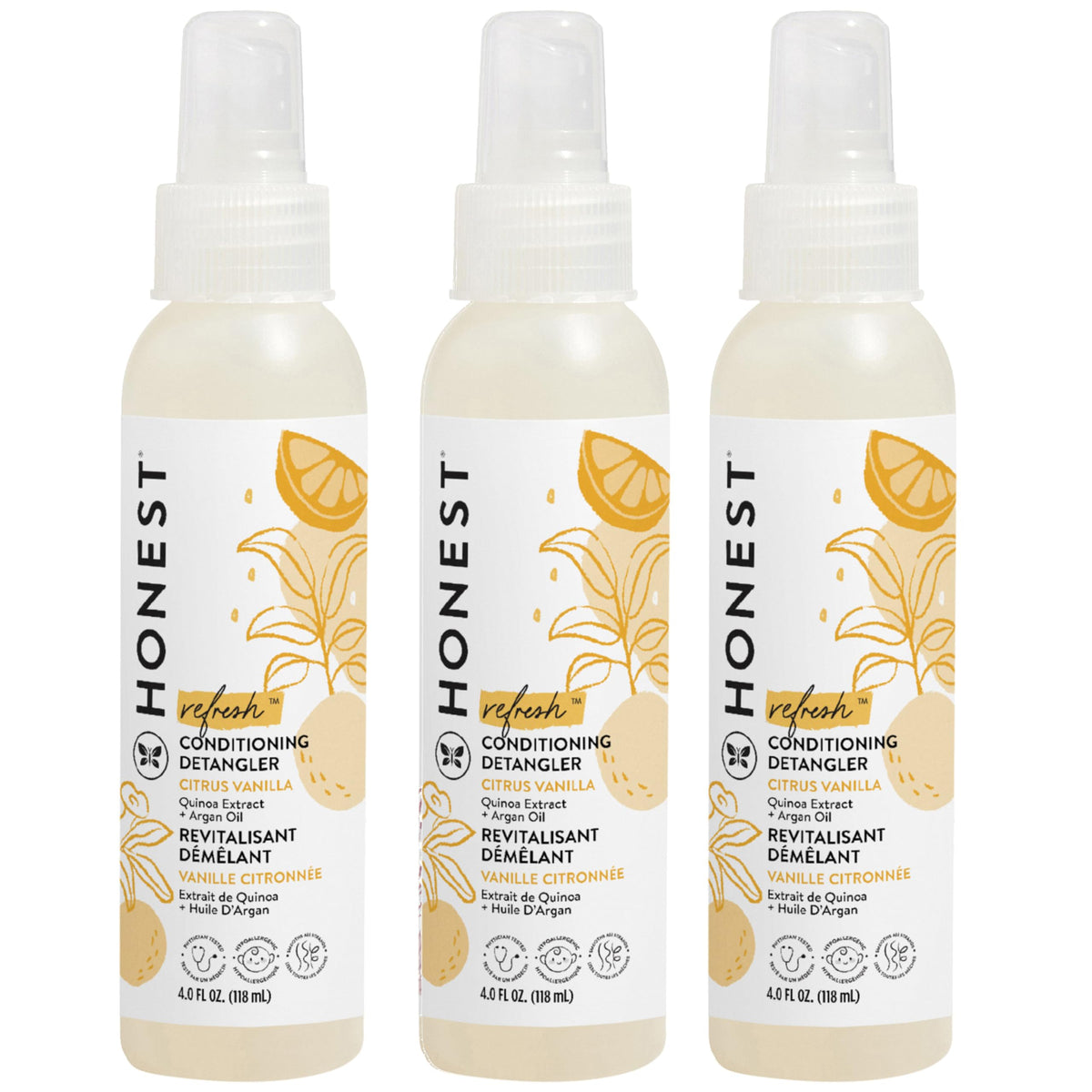 The Honest Company bottle front view showing Refresh scent and benefits