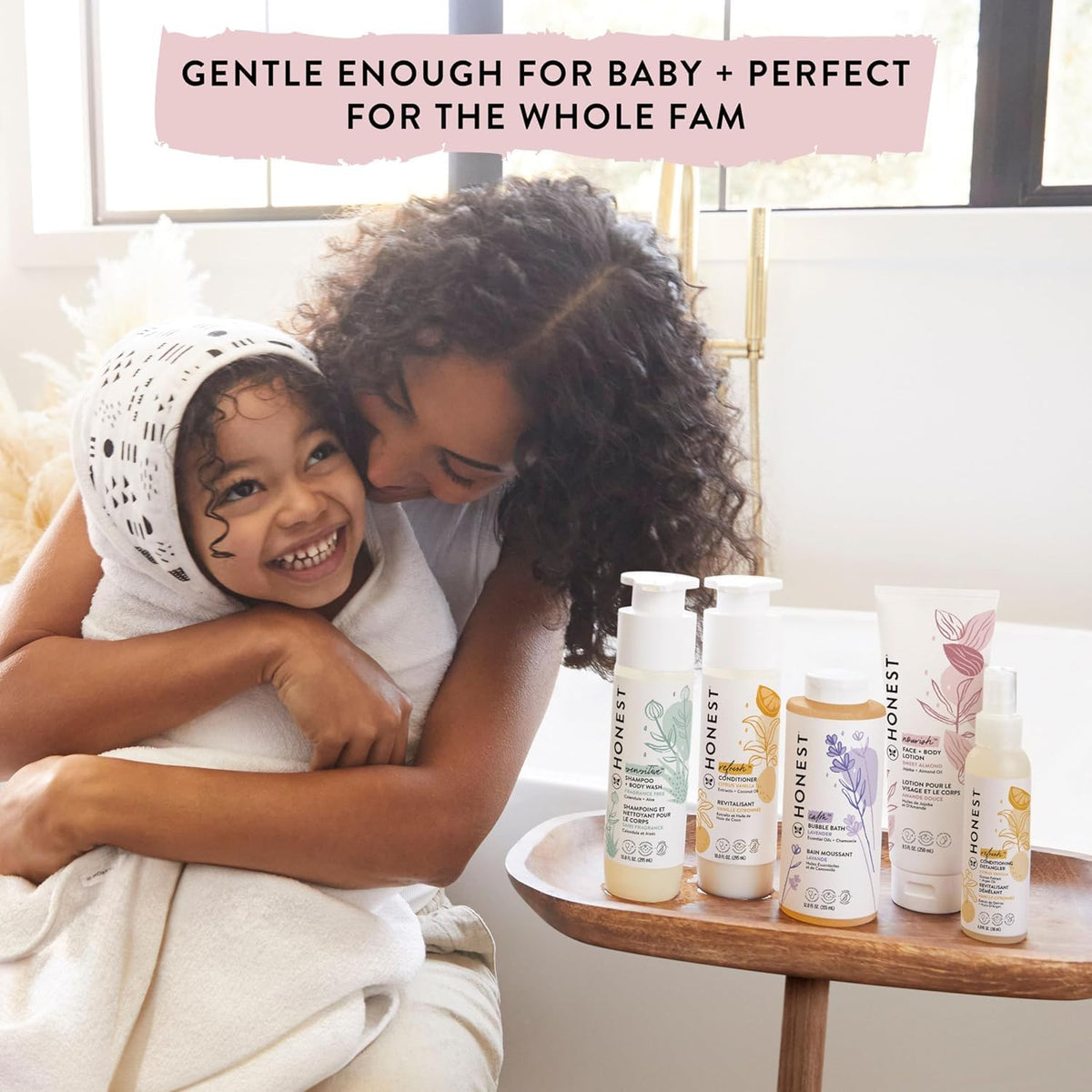 Hand spritz with The Honest Company on damp hair for instant manageability