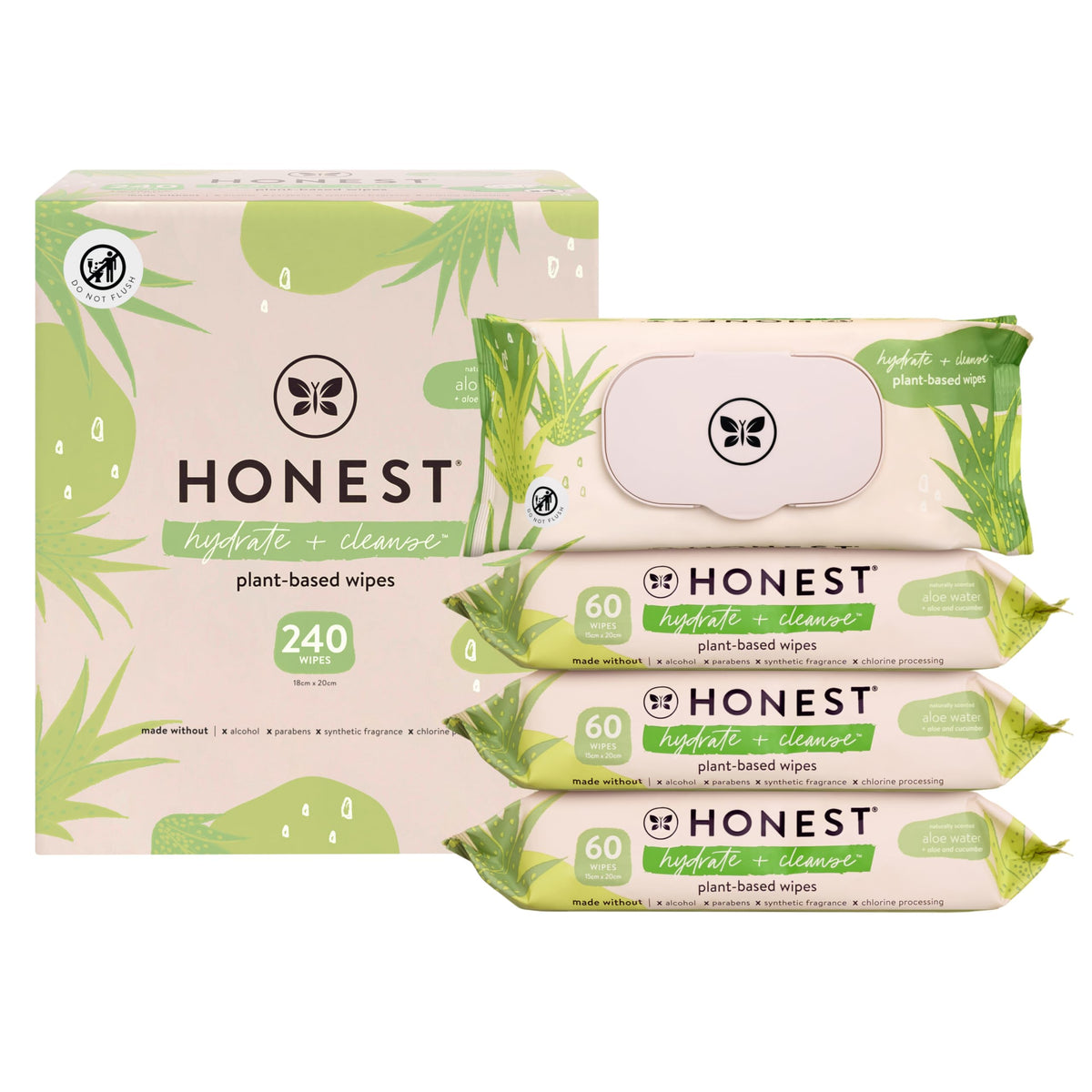The Honest Company pack front showing aloe cucumber scent and 240 count benefit