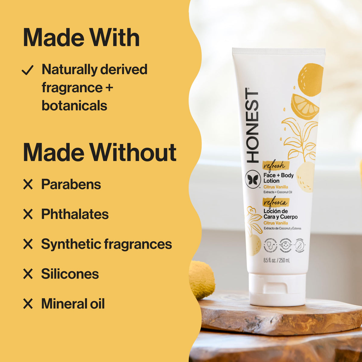 The Honest Company ingredients label highlighting shea, jojoba, safflower and vitamin E