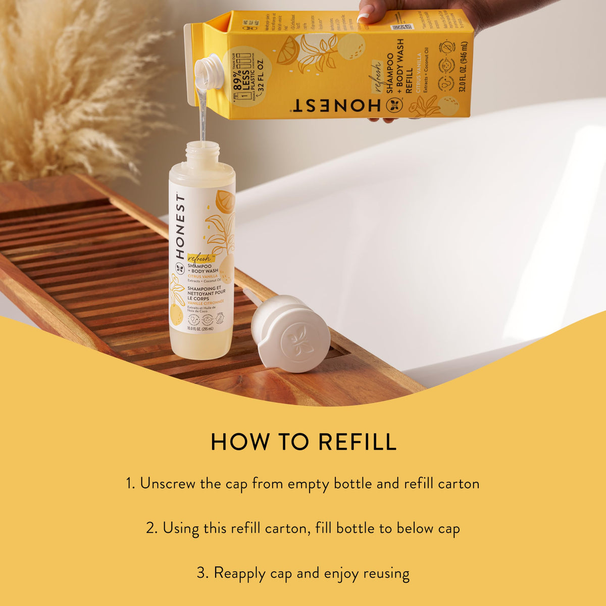 Lavender-scented The Honest Company refill bottle styled with calming botanicals