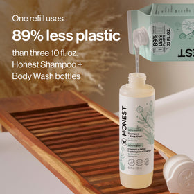 The Honest Company pump bottle in hand demonstrating easy dispensing