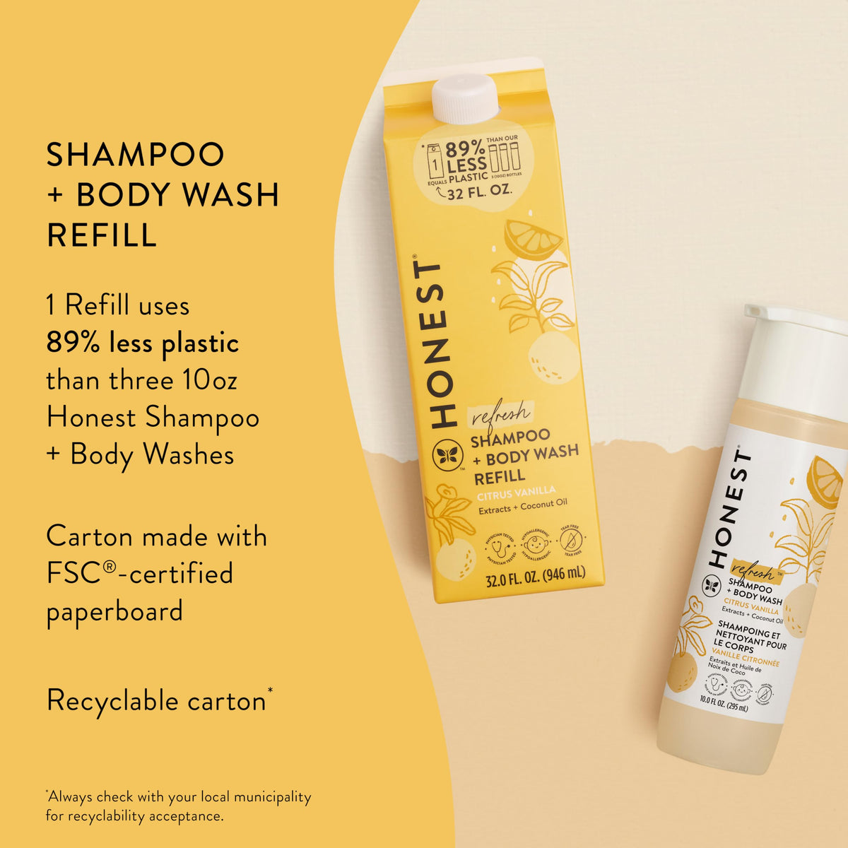 Pouring The Honest Company refill into original bottle for less plastic waste