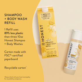 Pouring The Honest Company refill into original bottle for less plastic waste