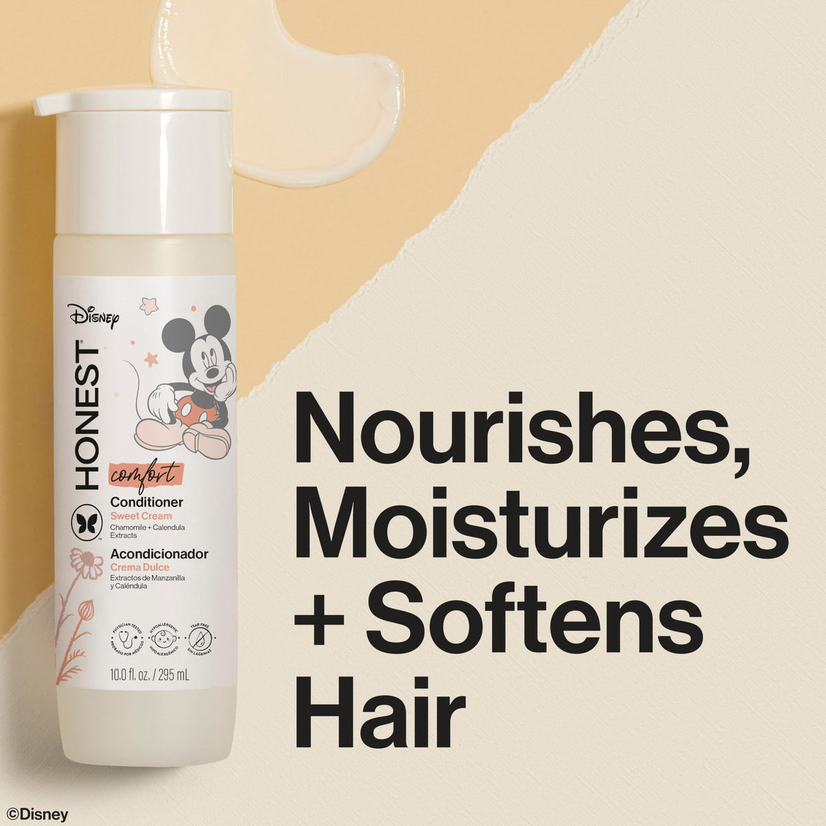 The Honest Company conditioner pour showing silky texture for easier detangling benefit
