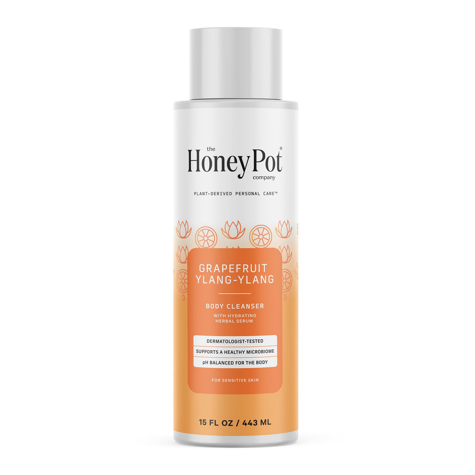 The Honey Pot Company front bottle showing grapefruit ylang ylang cleanser benefiting hydration
