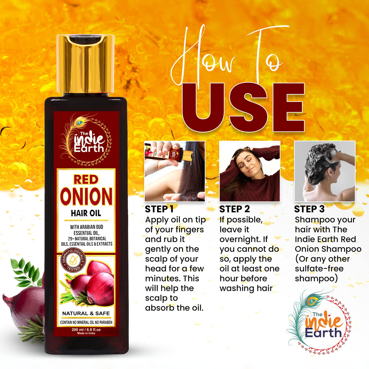 The Indie Earth nighttime routine scene showing oil as part of restorative hair care