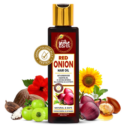 The Indie Earth front bottle shot showing red onion hair growth oil and clear benefits