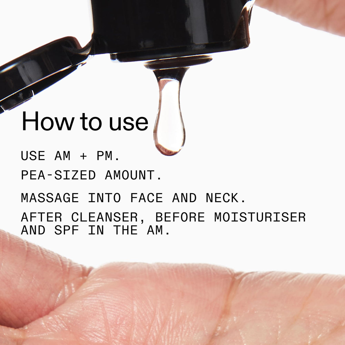The INKEY List bottle beside a hand to show 1.01 fl oz scale and travel-friendly size