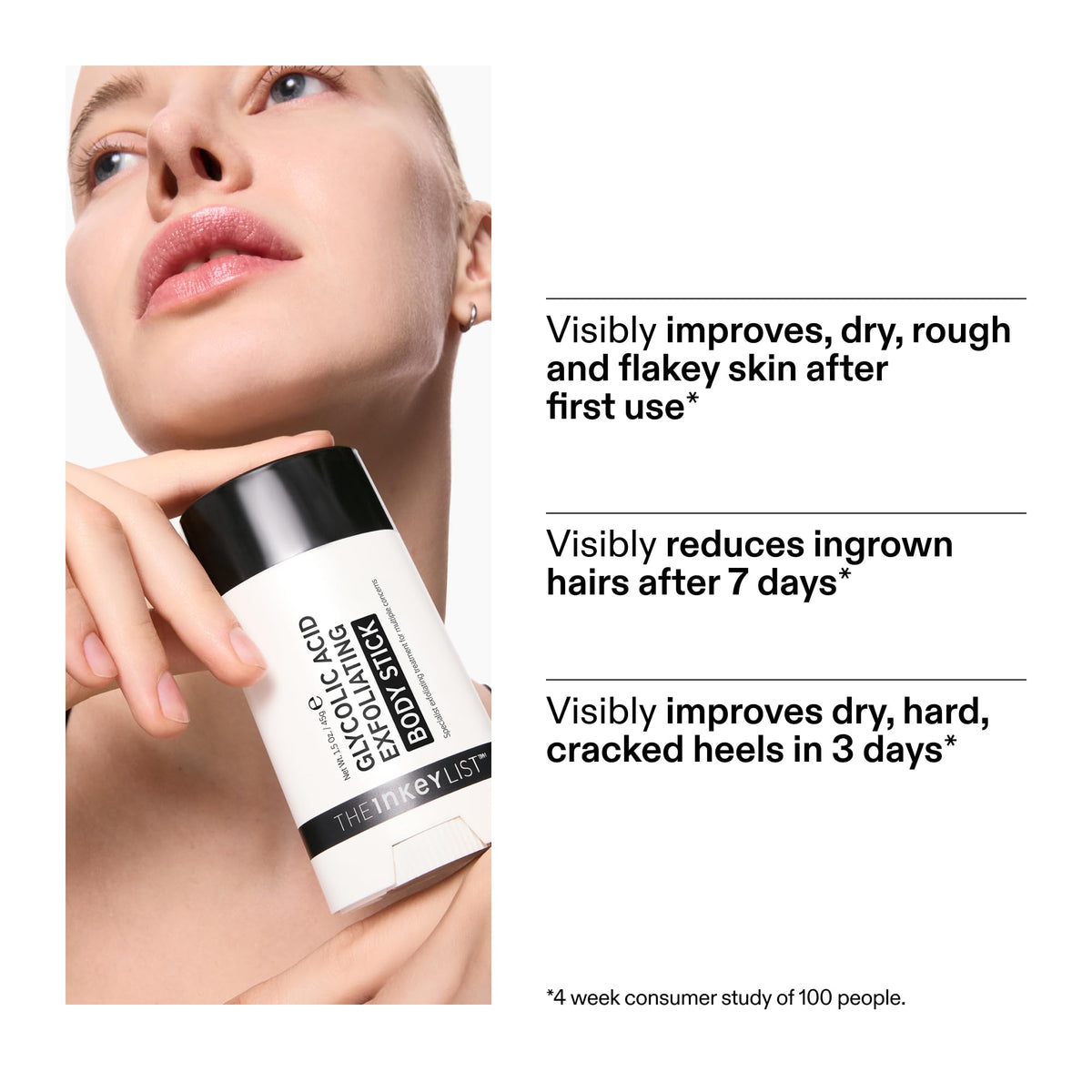 Applying The INKEY List stick to arm to target bumps and ingrown hairs
