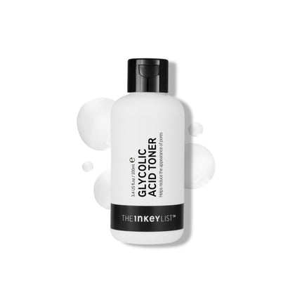 The INKEY List front bottle showing clear glycolic toner and label for quick-ID benefit