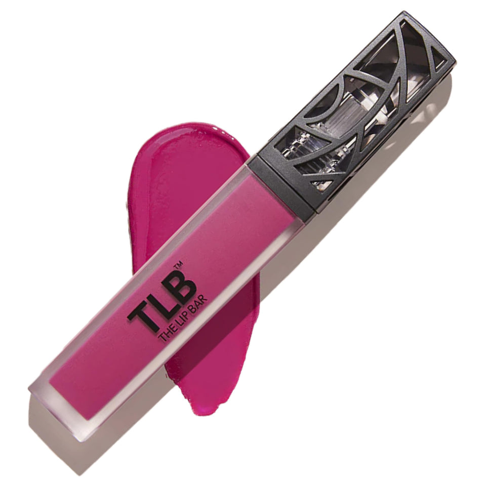the lip bar fuchsia front packaging showing bold electric pink color and bottle benefit long-wear