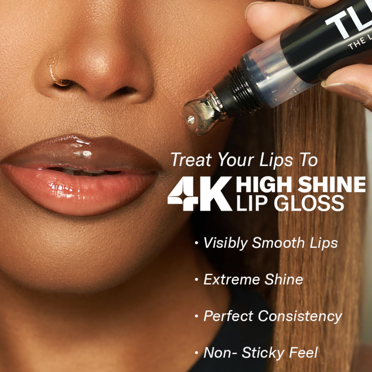 The Lip Bar gloss texture swatch displaying high-shine, non-sticky finish benefit