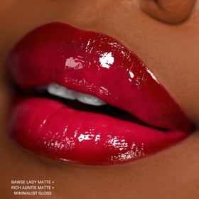 Model daytime look featuring The Lip Bar Rich Auntie for bold, all-day wearable style