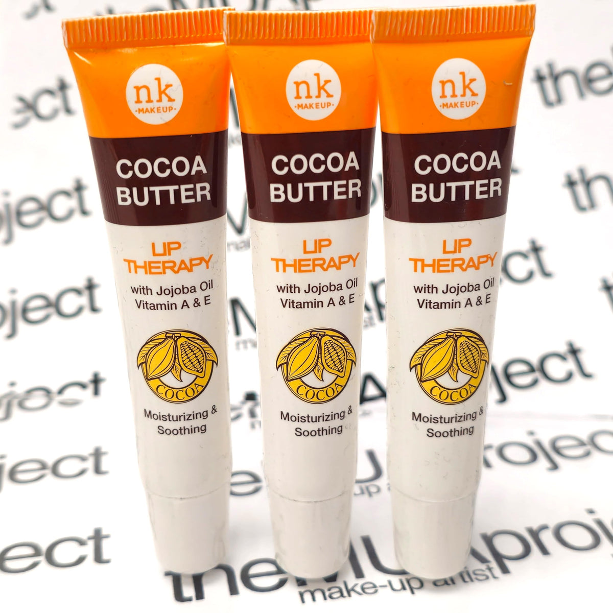 The Make-Up Artist Project front packaging showing three cocoa butter lip tubes, travel-ready hydration