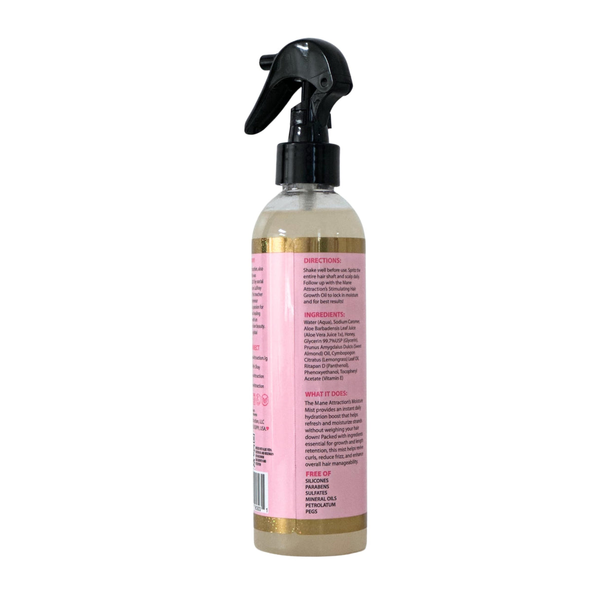 Label close-up on The Mane Attraction bottle showing ingredient highlights