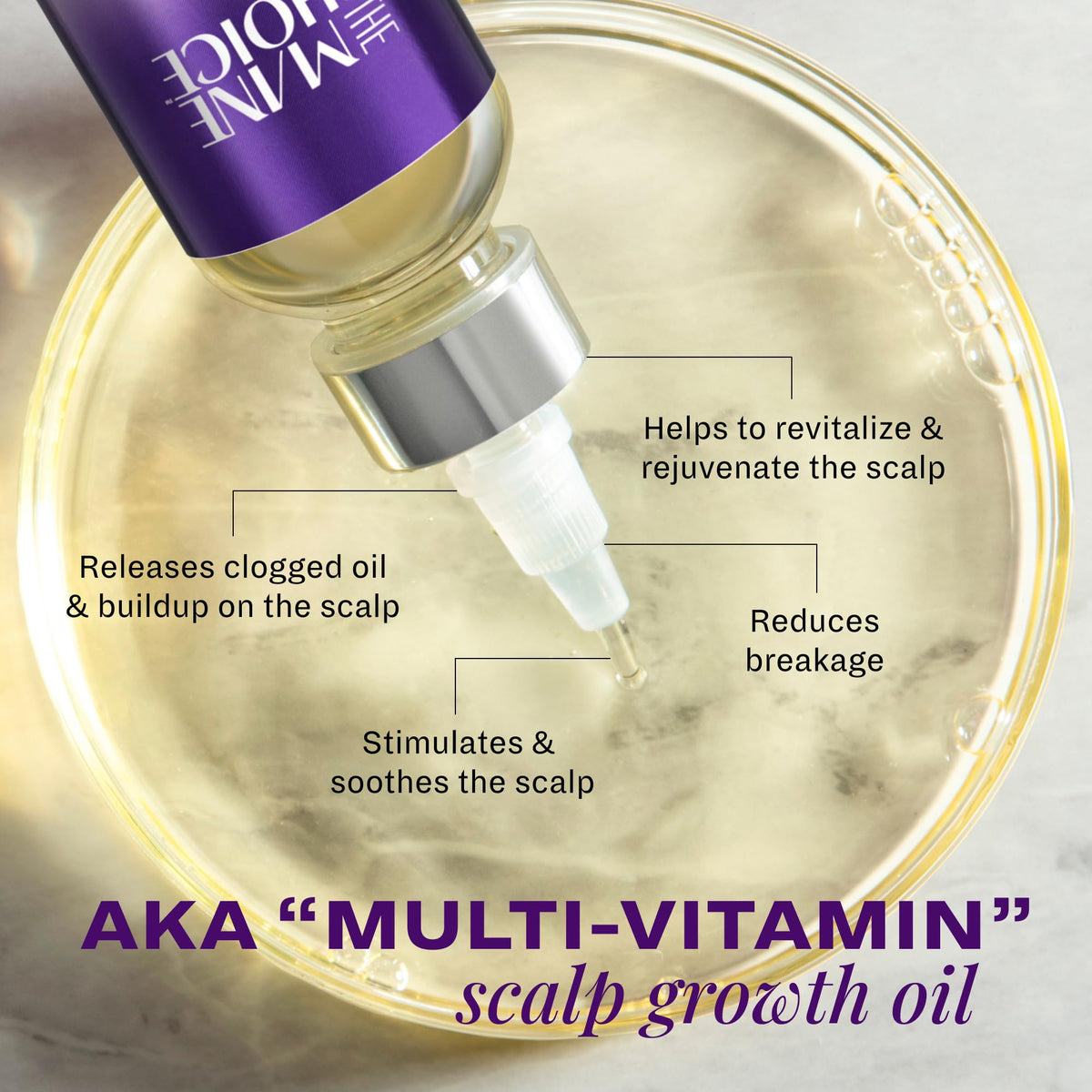 The Mane Choice oil dropper showing lightweight texture and quick absorption benefit