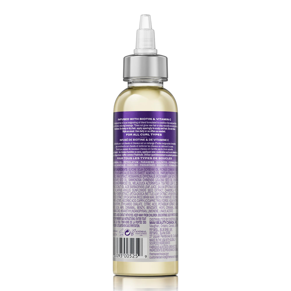 The Mane Choice bottle held in hand to show true 4 fl oz size and portability