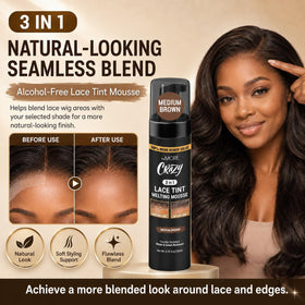 The MORE mousse smoothing edges on a wig, demonstrating soft hold and neat finish