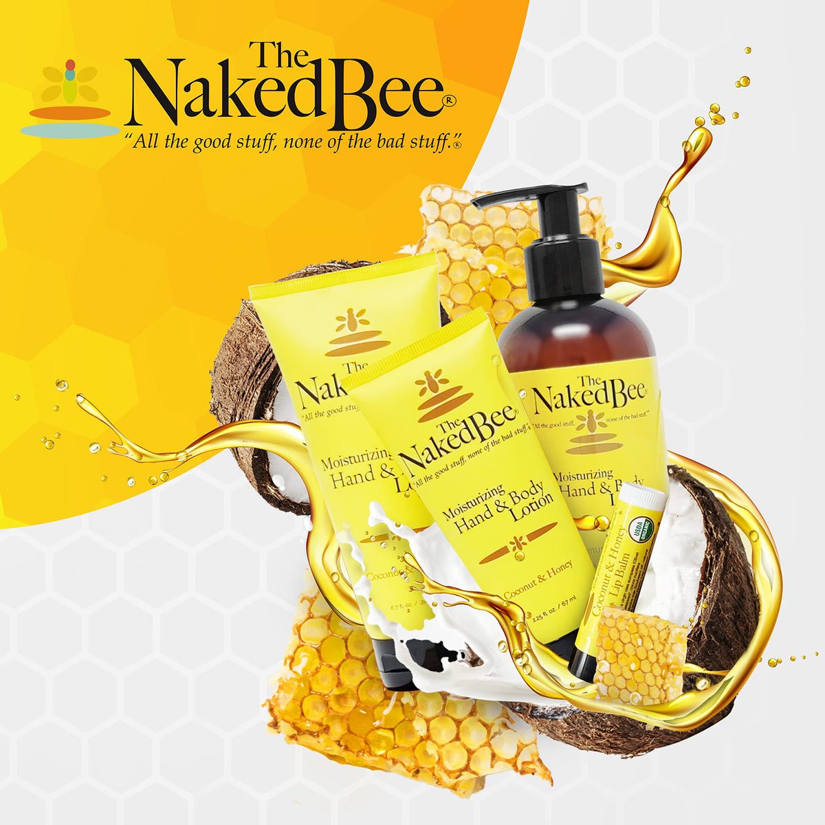 The Naked Bee bottle on bathroom shelf suggesting routine use and fresh coconut scent