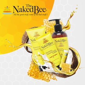 The Naked Bee ingredient display with honey and butters, highlights nourishing benefits